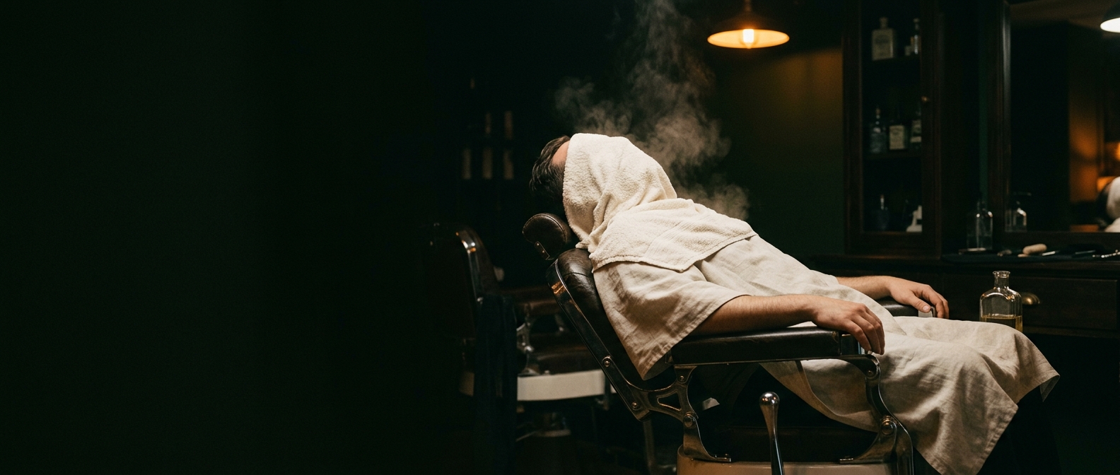 Hombre reclinado en el sillón con una toalla caliente humeante cubriéndole la cara