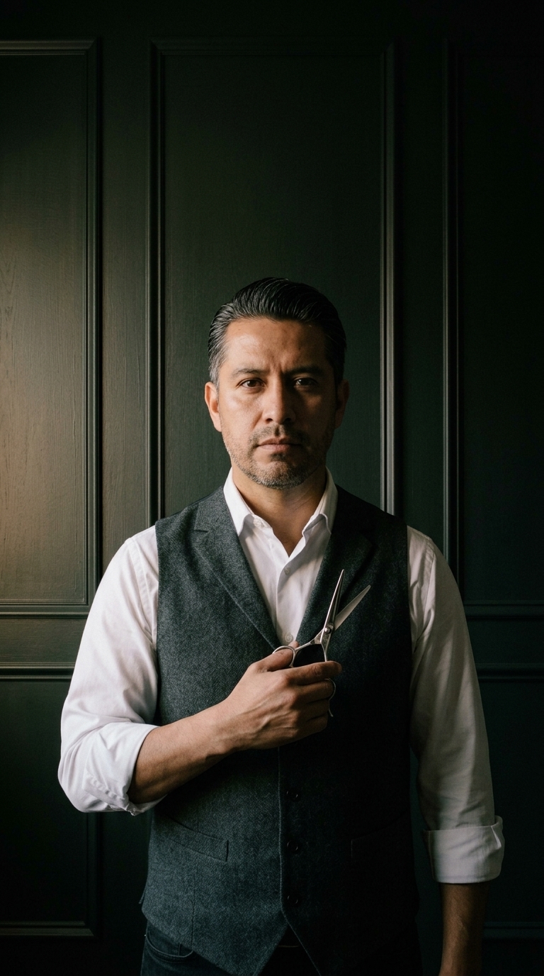 Emilio Bracamonte de pie frente a la pared de madera del salón, con tijeras en la mano