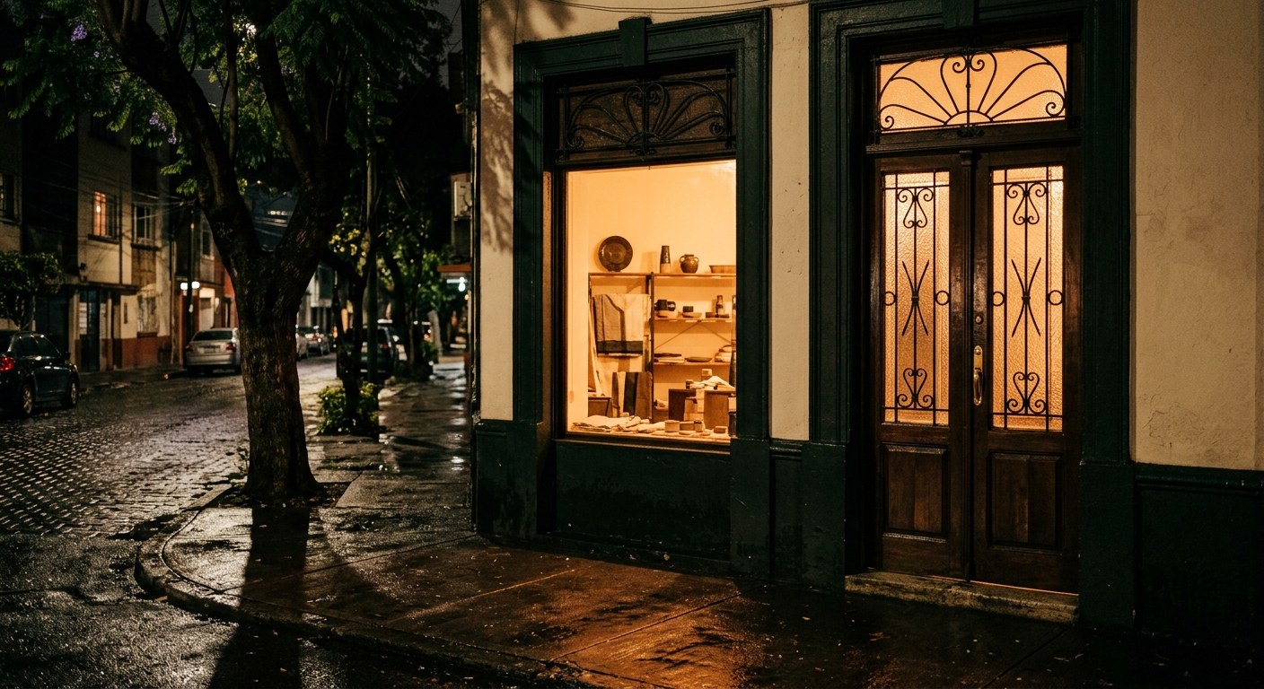 Fachada de la barbería de noche, con la vitrina iluminada desde dentro y la banqueta mojada
