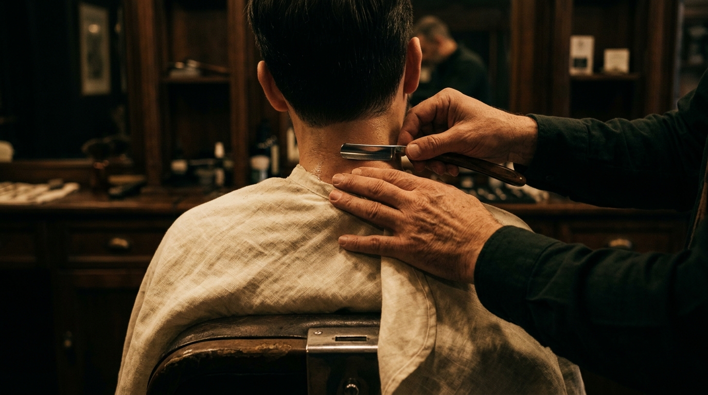 Barbero perfilando con navaja recta la nuca de un cliente en un sillón de barbería